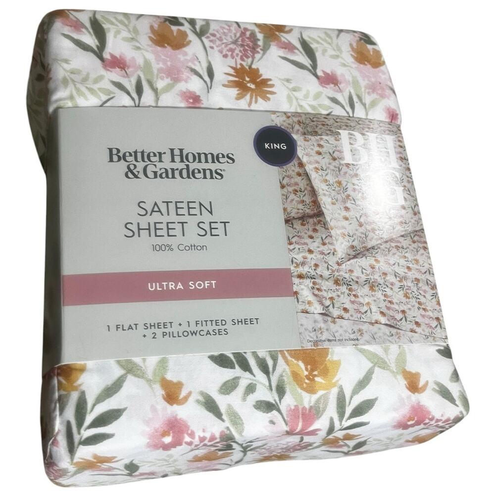 Better Homes and Gardens Multi Floral King Sateen Sheet Set 300 Thread Count New